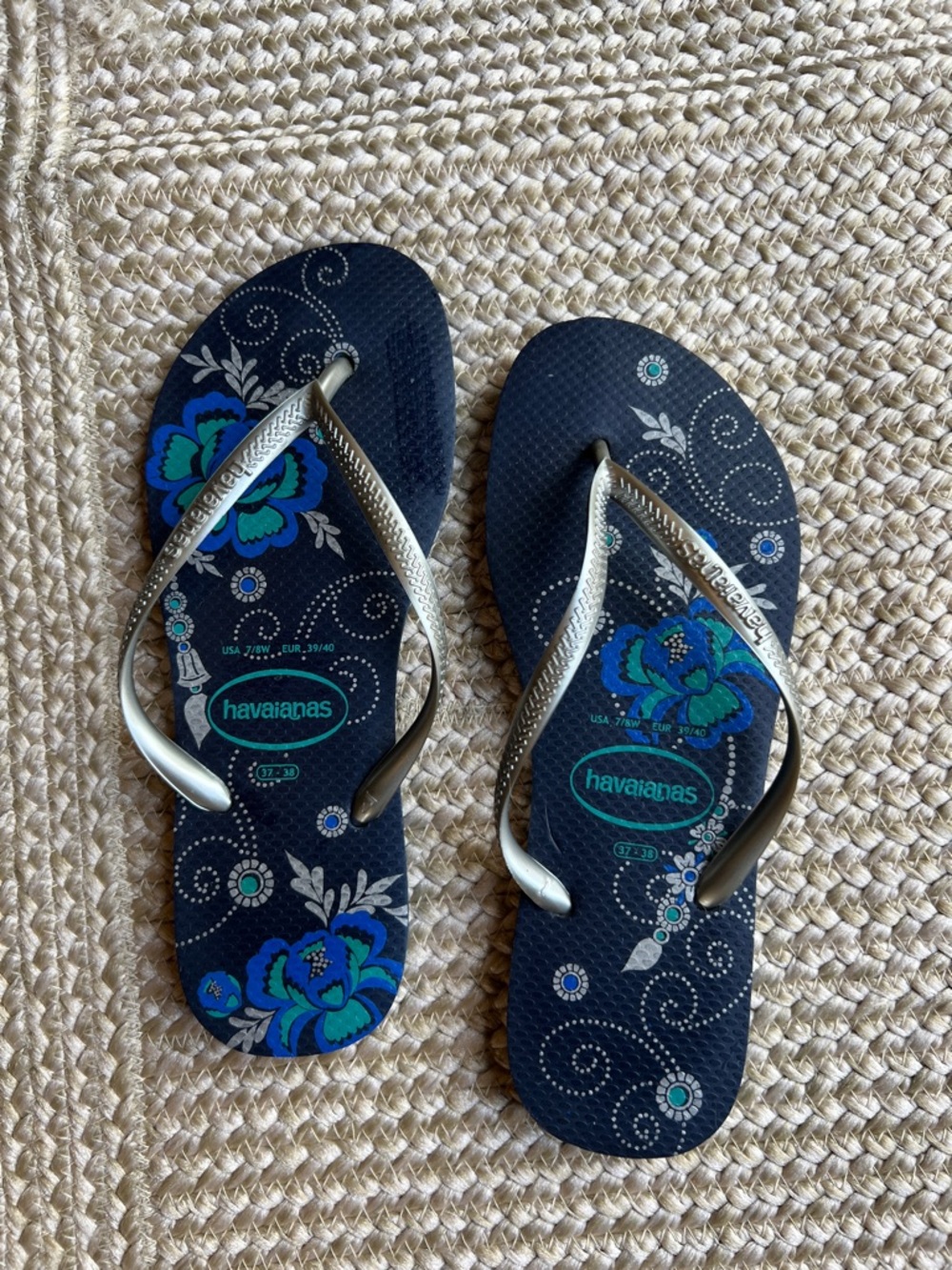 Havaianas Navy Flip Flops with Blue & Teal Floral Print and Silver Straps